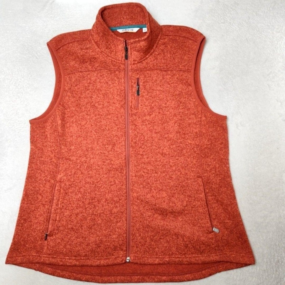 Orvis Sweater Womens XL Orange Vest Full Zip Mock Neck Tight-Knit Pocket Outdoor